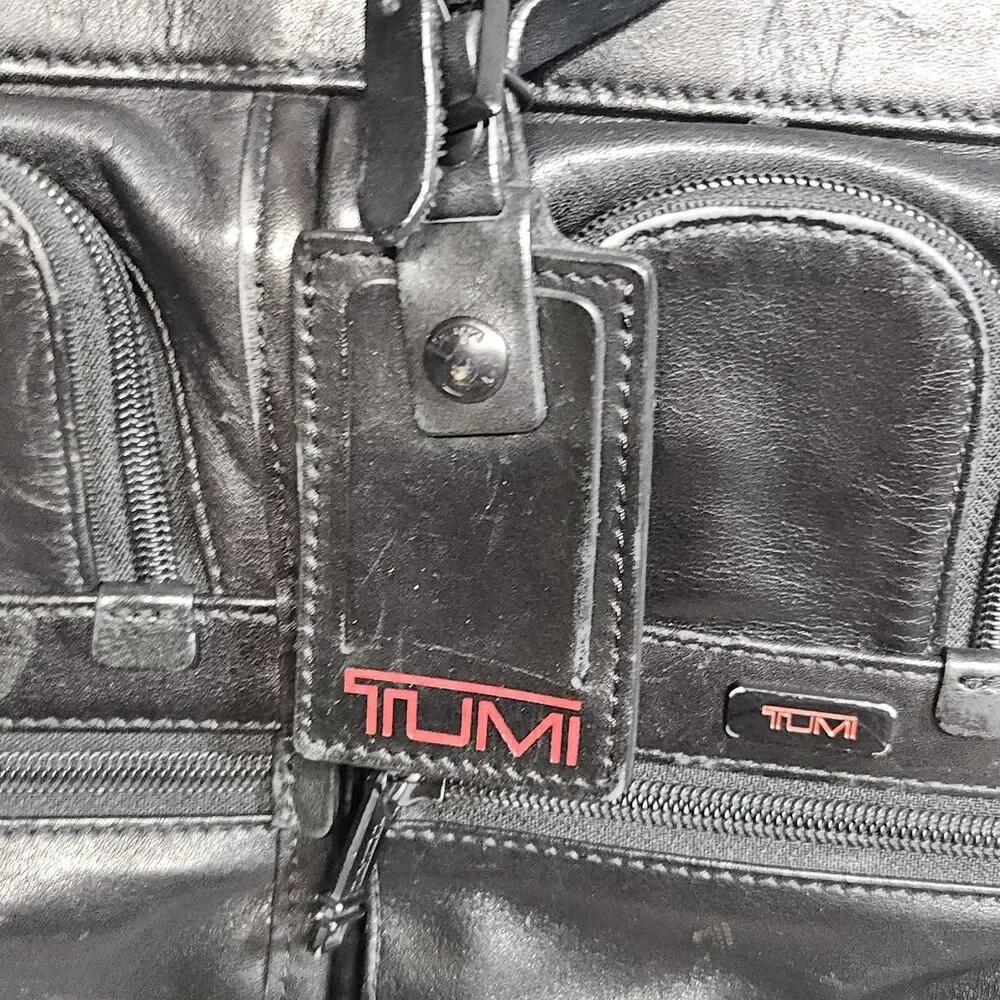 TUMI Black Leather Expandable Laptop Briefcase